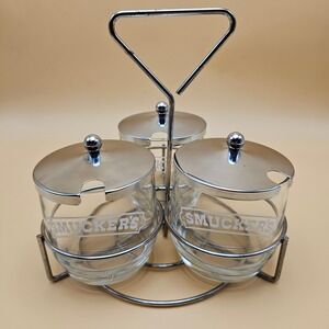 Vintage Smuckers Glass Jam Jelly Condiment Jars Set of 3 with Metal Caddy